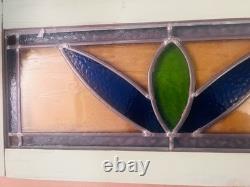 Old English Leaded Stained Glass Window Panel VTG Transom Framed 41 Blue, Green