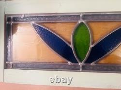Old English Leaded Stained Glass Window Panel VTG Transom Framed 41 Blue, Green