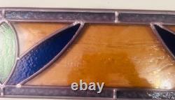 Old English Leaded Stained Glass Window Panel VTG Transom Framed 41 Blue, Green