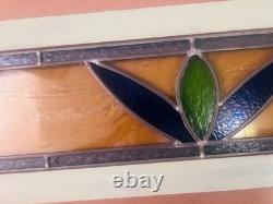 Old English Leaded Stained Glass Window Panel VTG Transom Framed 41 Blue, Green