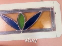 Old English Leaded Stained Glass Window Panel VTG Transom Framed 41 Blue, Green