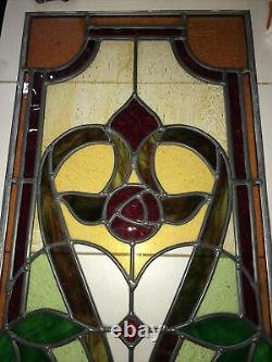 One Of A Kind Handcrafted Stained Glass Window Panel Rose Heart 13.75 x 36