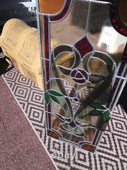 One Of A Kind Handcrafted Stained Glass Window Panel Rose Heart 13.75 x 36