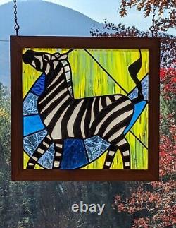 Original Art Stained Glass Zebra Panel Cedar Frame Nursery Yellow Blue Happy