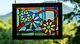 Original Artist Small Stained Glass Panel'Retro Holiday' Cedar Frame Festive