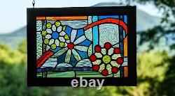 Original Artist Small Stained Glass Panel'Retro Holiday' Cedar Frame Festive