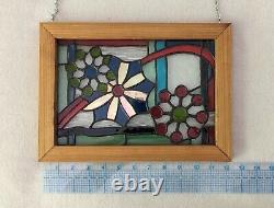 Original Artist Small Stained Glass Panel'Retro Holiday' Cedar Frame Festive