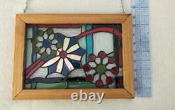 Original Artist Small Stained Glass Panel'Retro Holiday' Cedar Frame Festive