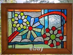 Original Artist Small Stained Glass Panel'Retro Holiday' Cedar Frame Festive