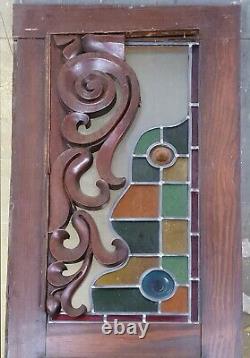 Original Stained Glass Panel With Coloured Rondels And Carved Wood Moulding