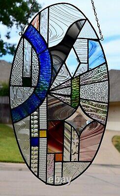 Oval Geometric Stained Glass Window Panel