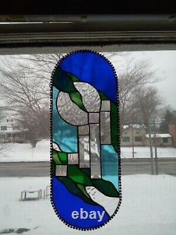 Oval Stained Glass Panel Abstract in Blue and Green USA MADE