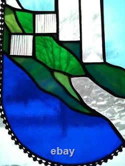 Oval Stained Glass Panel Abstract in Blue and Green USA MADE