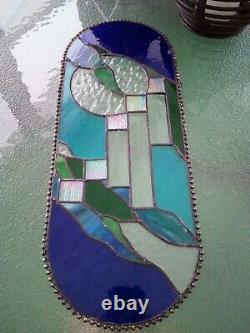 Oval Stained Glass Panel Abstract in Blue and Green USA MADE