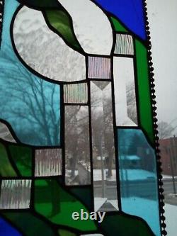 Oval Stained Glass Panel Abstract in Blue and Green USA MADE