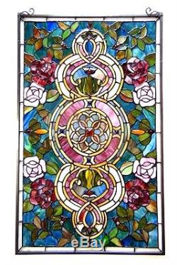 PAIR Tiffany Style Stained Glass Window Panel Floral Medallion 20 W X 32 L