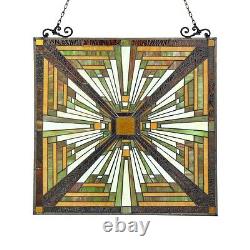 PAIR Tiffany Style Stained Glass Window Panel Mission Arts & Crafts 24.4 x 25.6
