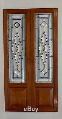 PAIR of Teak Wood Stained Glass Panels Nautical Marine Decor Southern Goth VTG