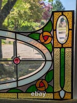 Pair 16.5 Tall Antique Art Deco Period Stained Glass Panels with Leaded Glass