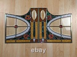Pair 16.5 Tall Antique Art Deco Period Stained Glass Panels with Leaded Glass