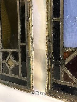 Pair Antique Leaded Stained Glass Window Panels 18 3/4 x 29 Each