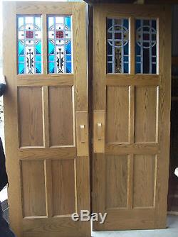 Pair OAK doors Stained glass in top 2 panels