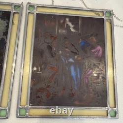 Pair Of Antique Dutch Painted Stained Leaded Glass Panels