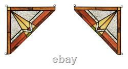 Pair Stained Glass Corner Window Panels Handcrafted Mission Design Tiffany Style