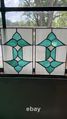 Pair Vintage Art Deco Teal Geometric Stained Glass Window Panels Set 10.5x6.75