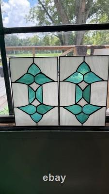 Pair Vintage Art Deco Teal Geometric Stained Glass Window Panels Set 10.5x6.75 Pair Vintage Art Deco Teal Geometric Stained Glass Window Panels Set 10.5x6.75