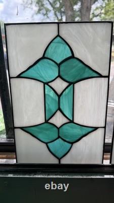 Pair Vintage Art Deco Teal Geometric Stained Glass Window Panels Set 10.5x6.75