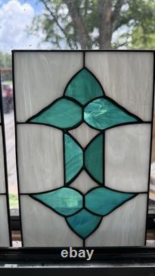 Pair Vintage Art Deco Teal Geometric Stained Glass Window Panels Set 10.5x6.75