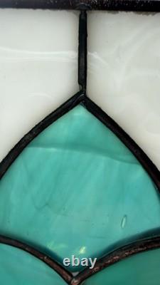 Pair Vintage Art Deco Teal Geometric Stained Glass Window Panels Set 10.5x6.75