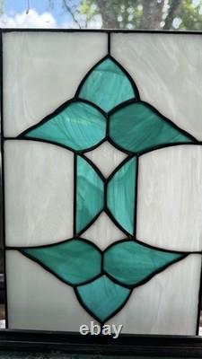 Pair Vintage Art Deco Teal Geometric Stained Glass Window Panels Set 10.5x6.75