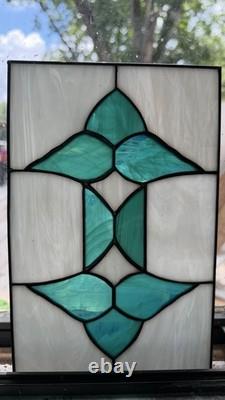 Pair Vintage Art Deco Teal Geometric Stained Glass Window Panels Set 10.5x6.75