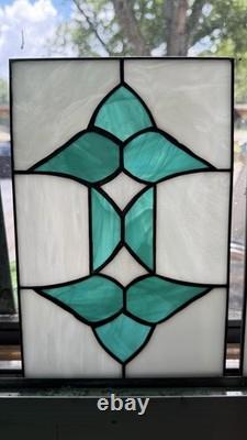 Pair Vintage Art Deco Teal Geometric Stained Glass Window Panels Set 10.5x6.75