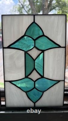 Pair Vintage Art Deco Teal Geometric Stained Glass Window Panels Set 10.5x6.75