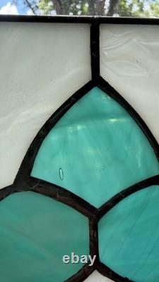 Pair Vintage Art Deco Teal Geometric Stained Glass Window Panels Set 10.5x6.75