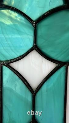 Pair Vintage Art Deco Teal Geometric Stained Glass Window Panels Set 10.5x6.75