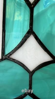Pair Vintage Art Deco Teal Geometric Stained Glass Window Panels Set 10.5x6.75