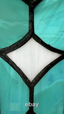 Pair Vintage Art Deco Teal Geometric Stained Glass Window Panels Set 10.5x6.75 Pair Vintage Art Deco Teal Geometric Stained Glass Window Panels Set 10.5x6.75