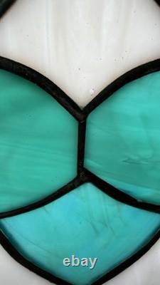 Pair Vintage Art Deco Teal Geometric Stained Glass Window Panels Set 10.5x6.75