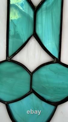 Pair Vintage Art Deco Teal Geometric Stained Glass Window Panels Set 10.5x6.75