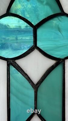 Pair Vintage Art Deco Teal Geometric Stained Glass Window Panels Set 10.5x6.75