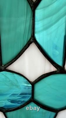 Pair Vintage Art Deco Teal Geometric Stained Glass Window Panels Set 10.5x6.75