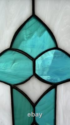 Pair Vintage Art Deco Teal Geometric Stained Glass Window Panels Set 10.5x6.75