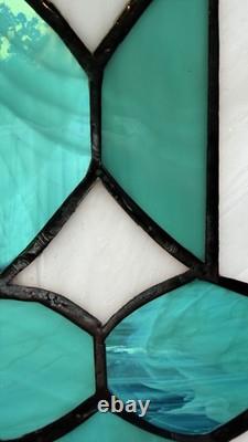 Pair Vintage Art Deco Teal Geometric Stained Glass Window Panels Set 10.5x6.75