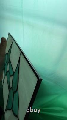 Pair Vintage Art Deco Teal Geometric Stained Glass Window Panels Set 10.5x6.75
