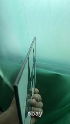 Pair Vintage Art Deco Teal Geometric Stained Glass Window Panels Set 10.5x6.75