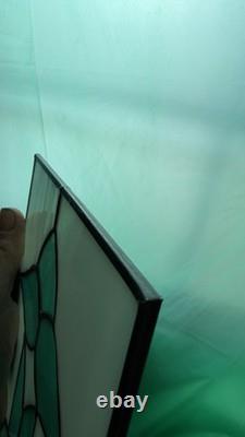 Pair Vintage Art Deco Teal Geometric Stained Glass Window Panels Set 10.5x6.75